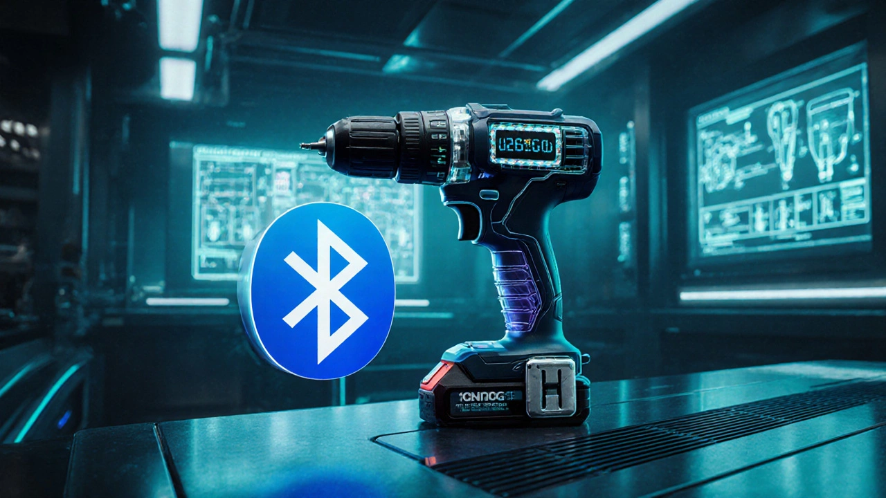 Футуристическая дрель с батареей, экраном и символом Bluetooth в неоновом цехе.