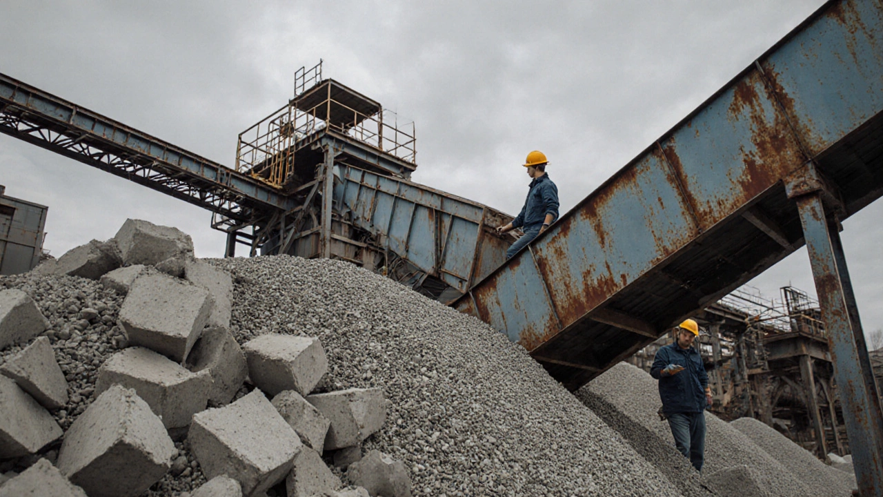 Переработка битого бетона на заводе в Москве.