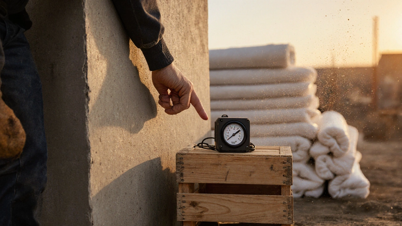 Рабочий проверяет прочность бетона пальцем, рядом — прибор для измерения прочности и термометр +8°C.