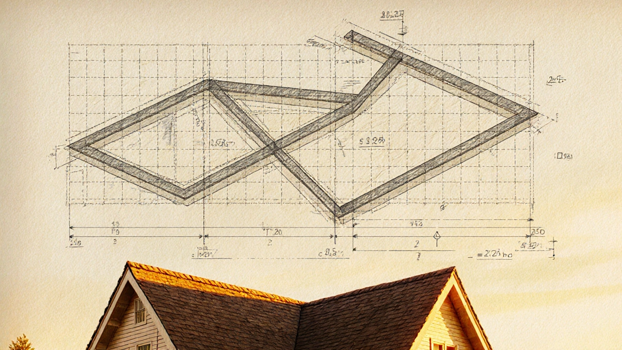 Схема сложной крыши, разбитой на геометрические фигуры: трапеции и треугольники, с карандашными замерами.