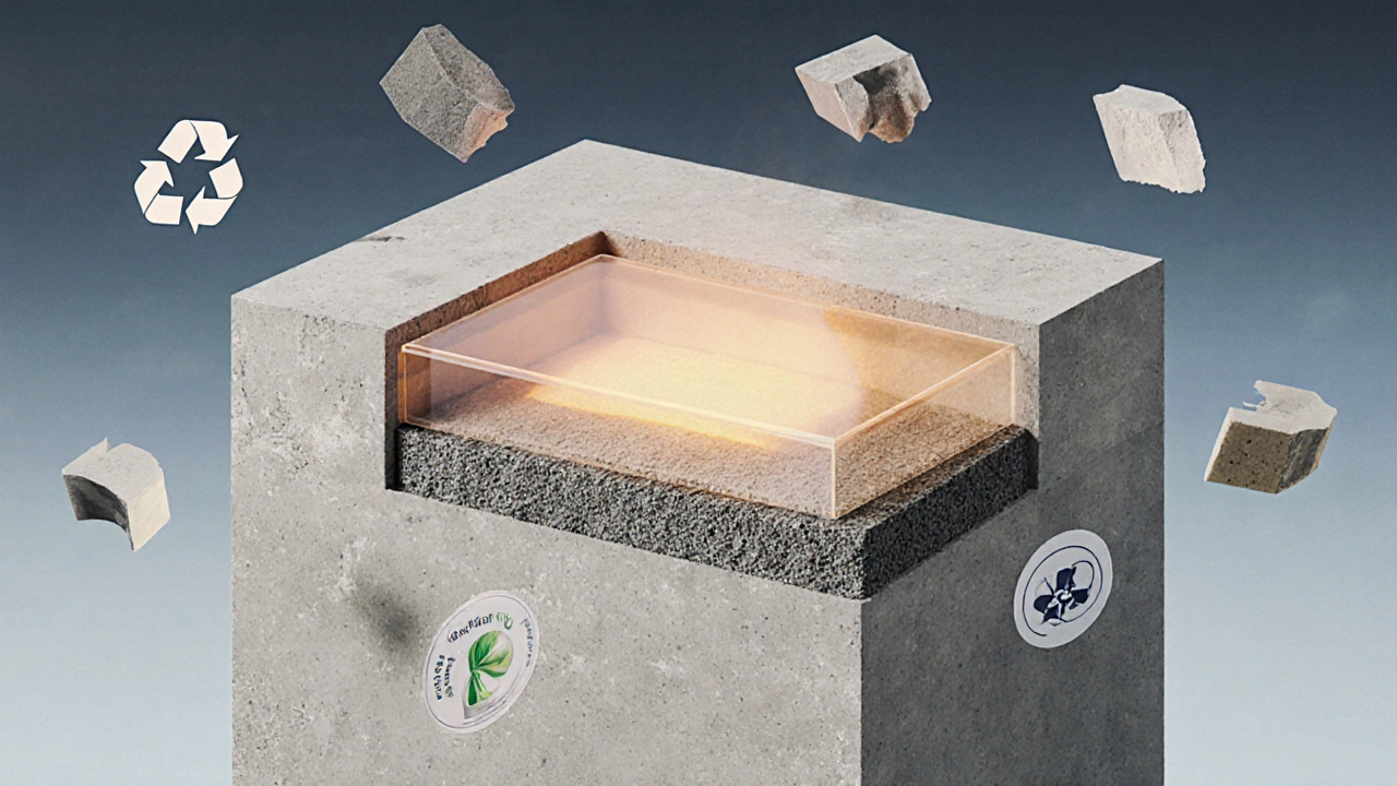 Слои альтернативных заполнителей в бетоне: шлак, керамзит и песок.