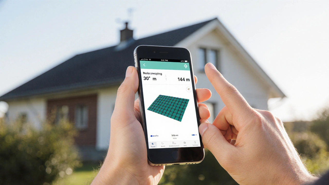 Смартфон показывает 3D-модель крыши с углом наклона, человек снимает ее с земли, дом на заднем плане.
