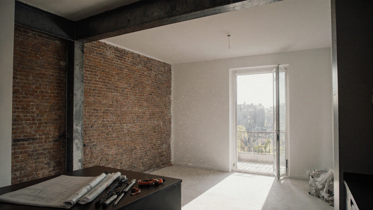 Современная кухня-гостиная в реконструированном доме с сохранённой старой кирпичной стеной.