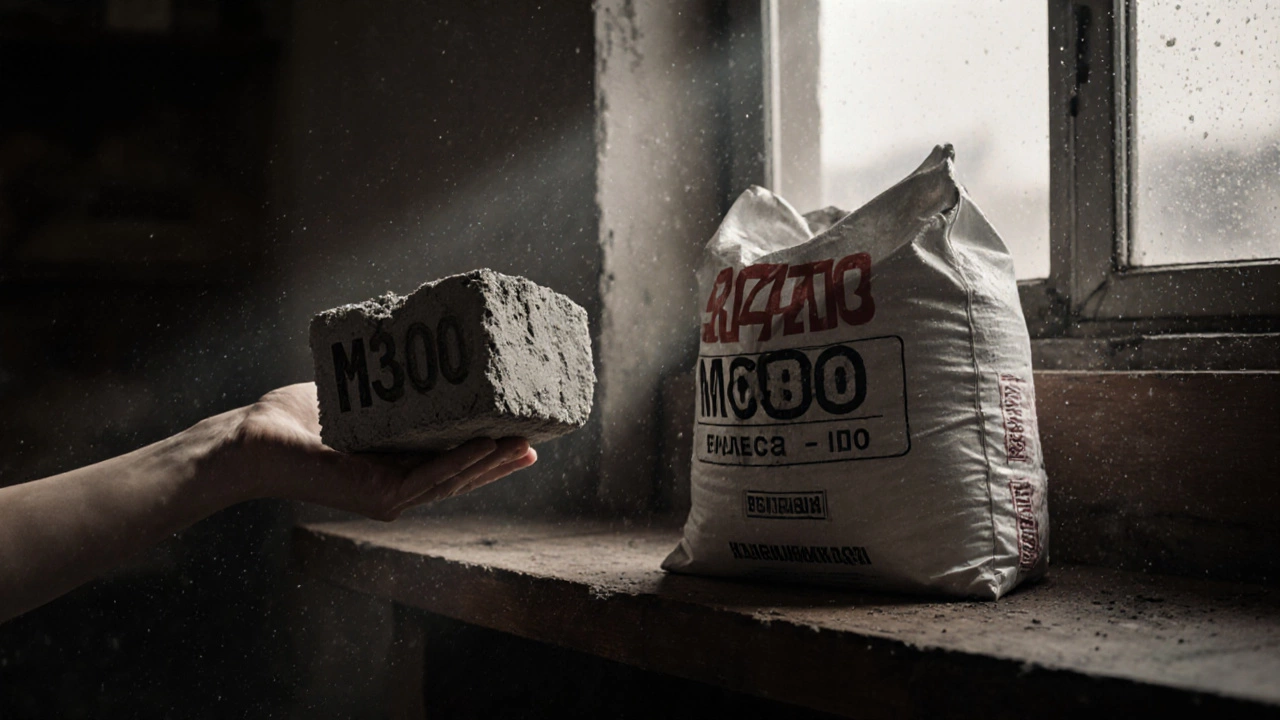 Сравнение старого цемента М300 и свежего М400 в строительном магазине.