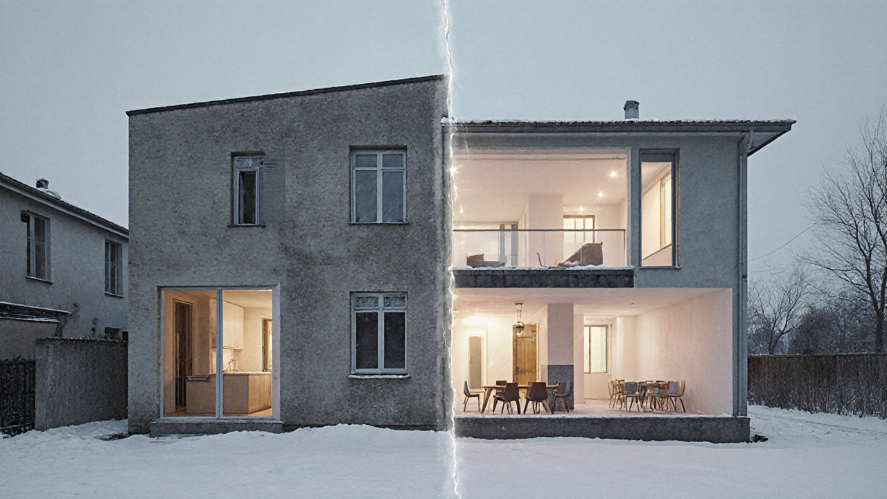 Сравнение старой и новой планировки дома: суженные комнаты превращаются в просторное жилое пространство.