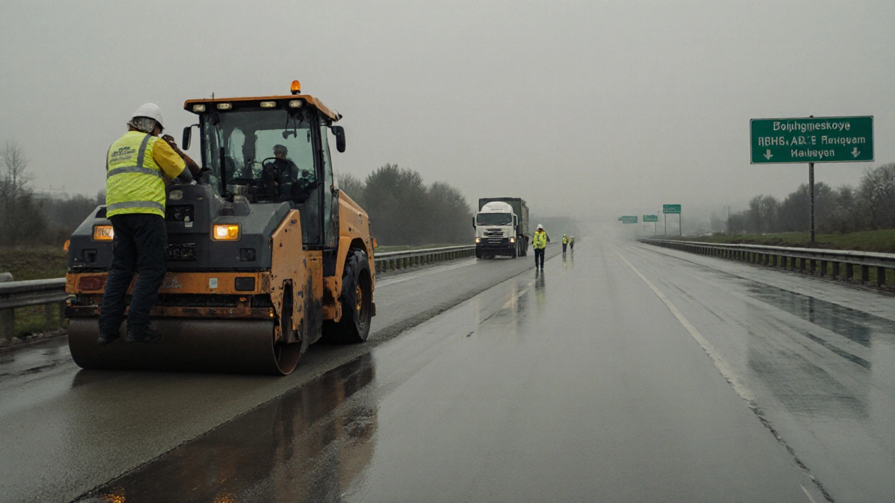 Бетоноукладчик выравнивает асфальт на шоссе под пасмурным небом.