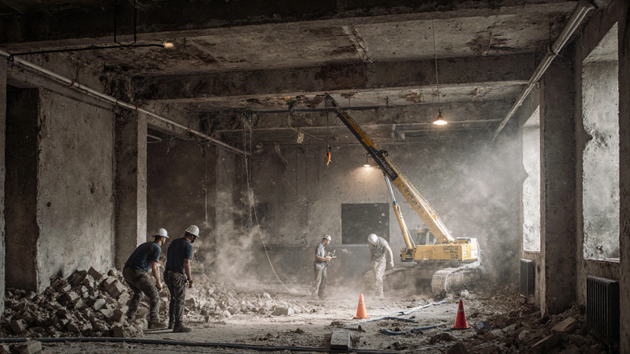 Демонтаж несущей стены и установка новых инженерных систем в ходе капитального ремонта.