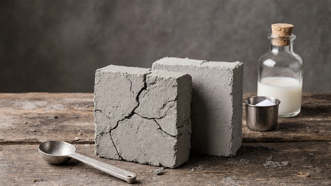 Два бетонных образца: один треснутый, другой гладкий — сравнение с и без мыла в растворе.