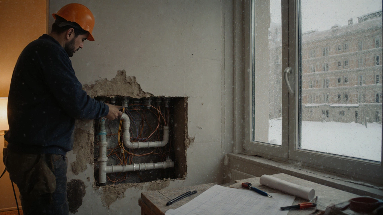 Мастера заменяют проводку и трубы в квартире во время капитального ремонта под чистовую.