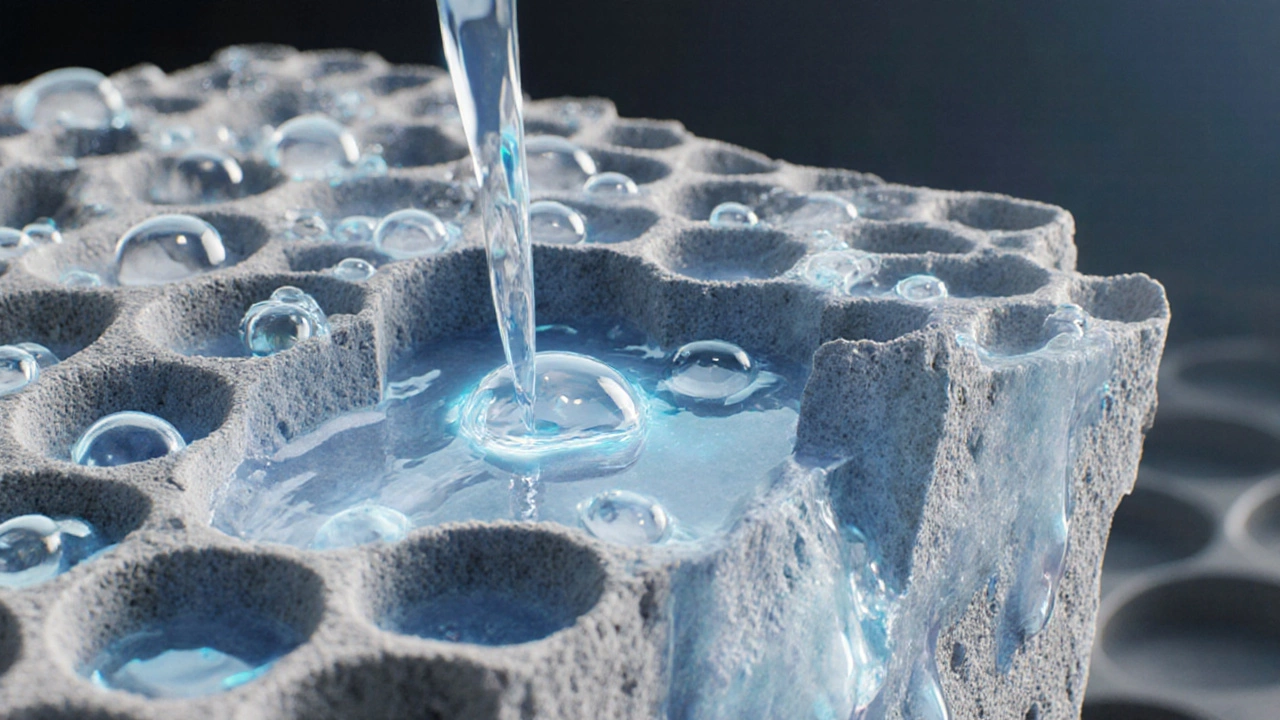 Микроскопический вид пор в бетоне с водоотталкивающими молекулами, капли воды скатываются с поверхности.