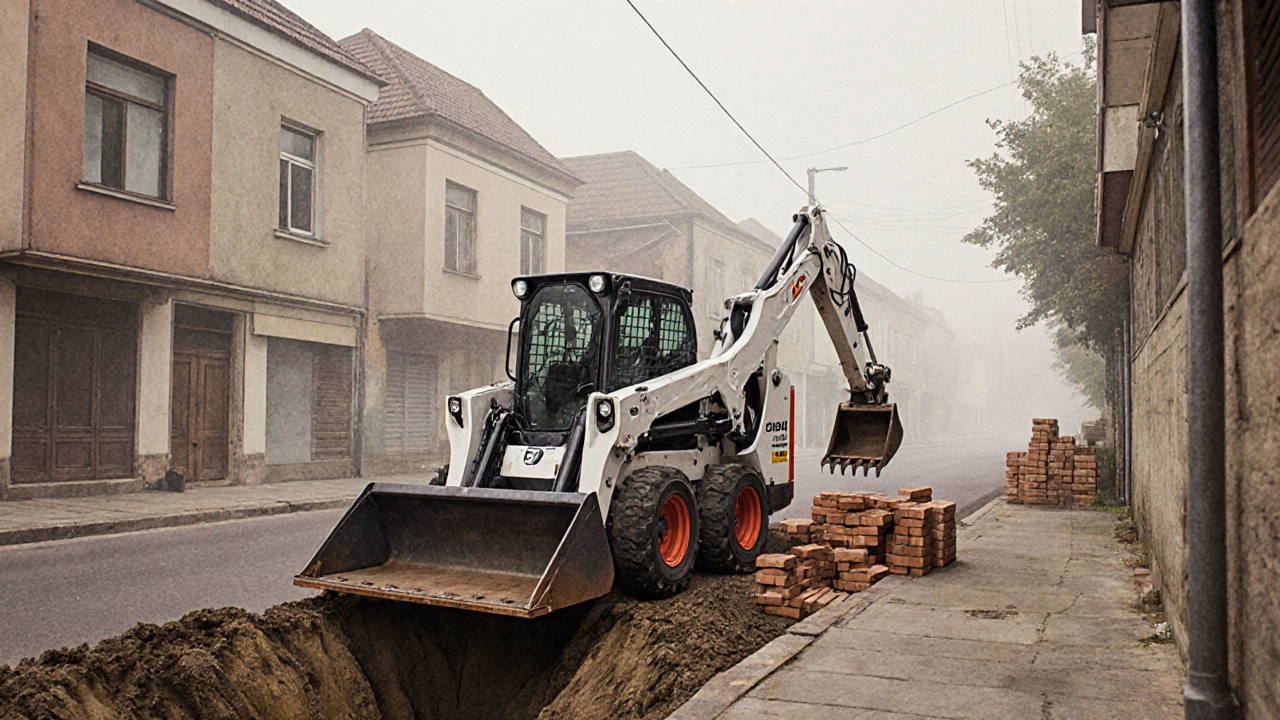 Многофункциональный погрузчик с передним и задним ковшом на узкой улице.