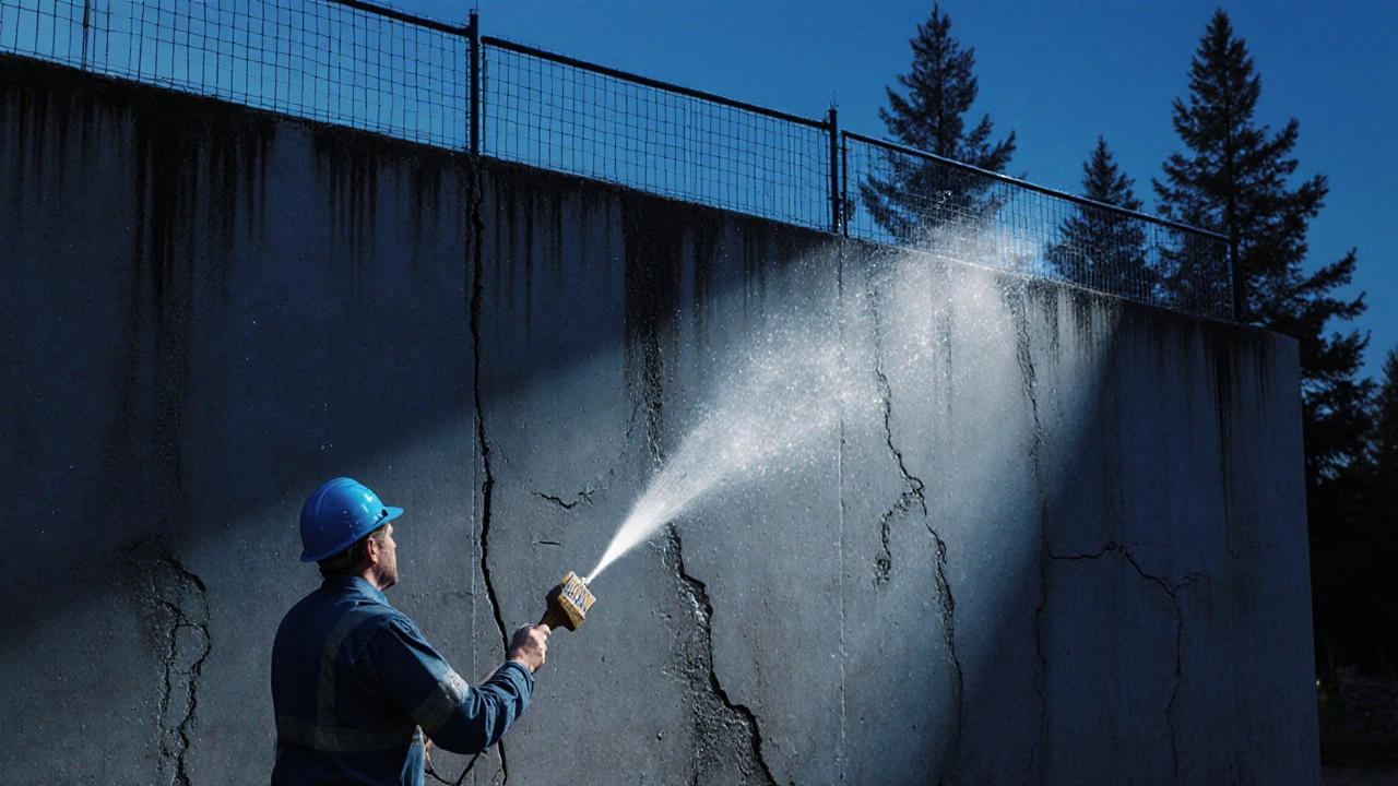 Обработка треснувшей стены проникающей гидроизоляцией, вода отталкивается от обработанной поверхности.