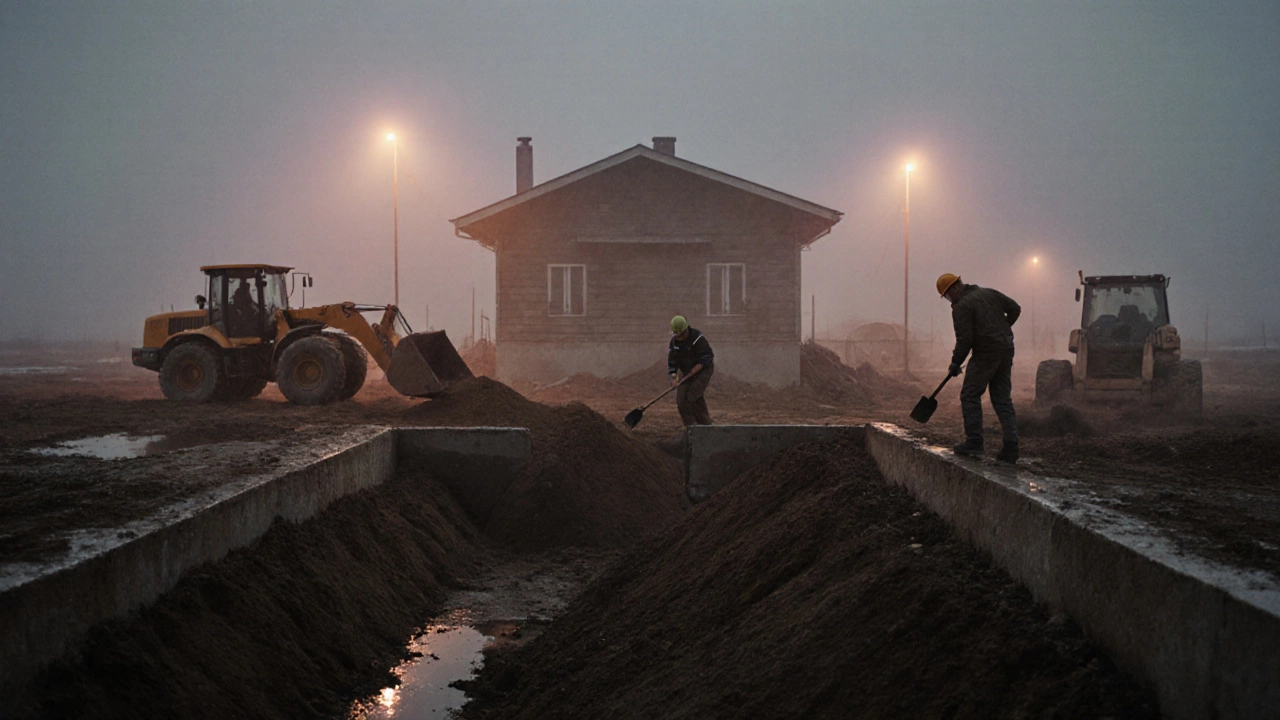 Рабочие удаляют торф с участка перед заливкой фундамента в Санкт-Петербургской области