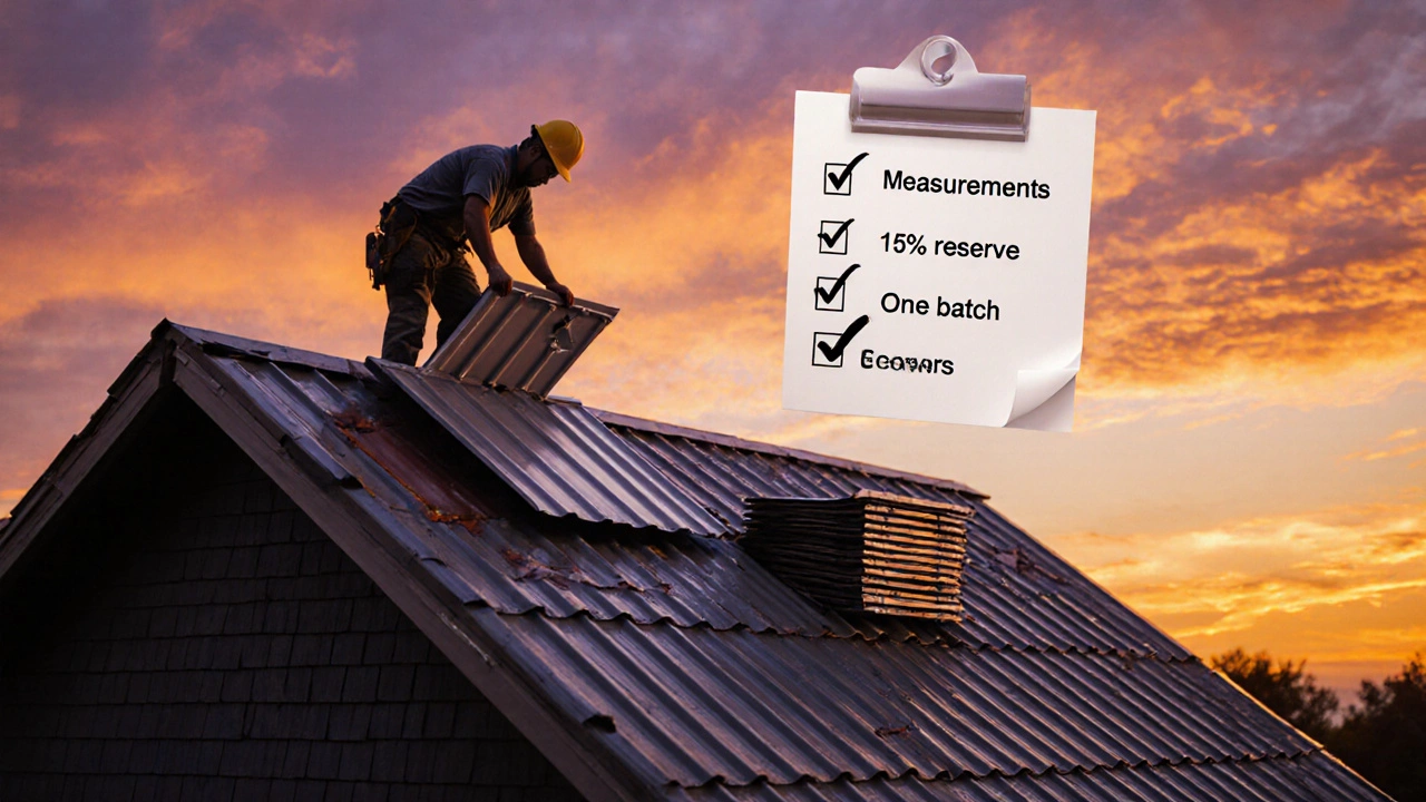 Рабочий монтирует кровлю, рядом лежат запасные листы и инструменты на закате.