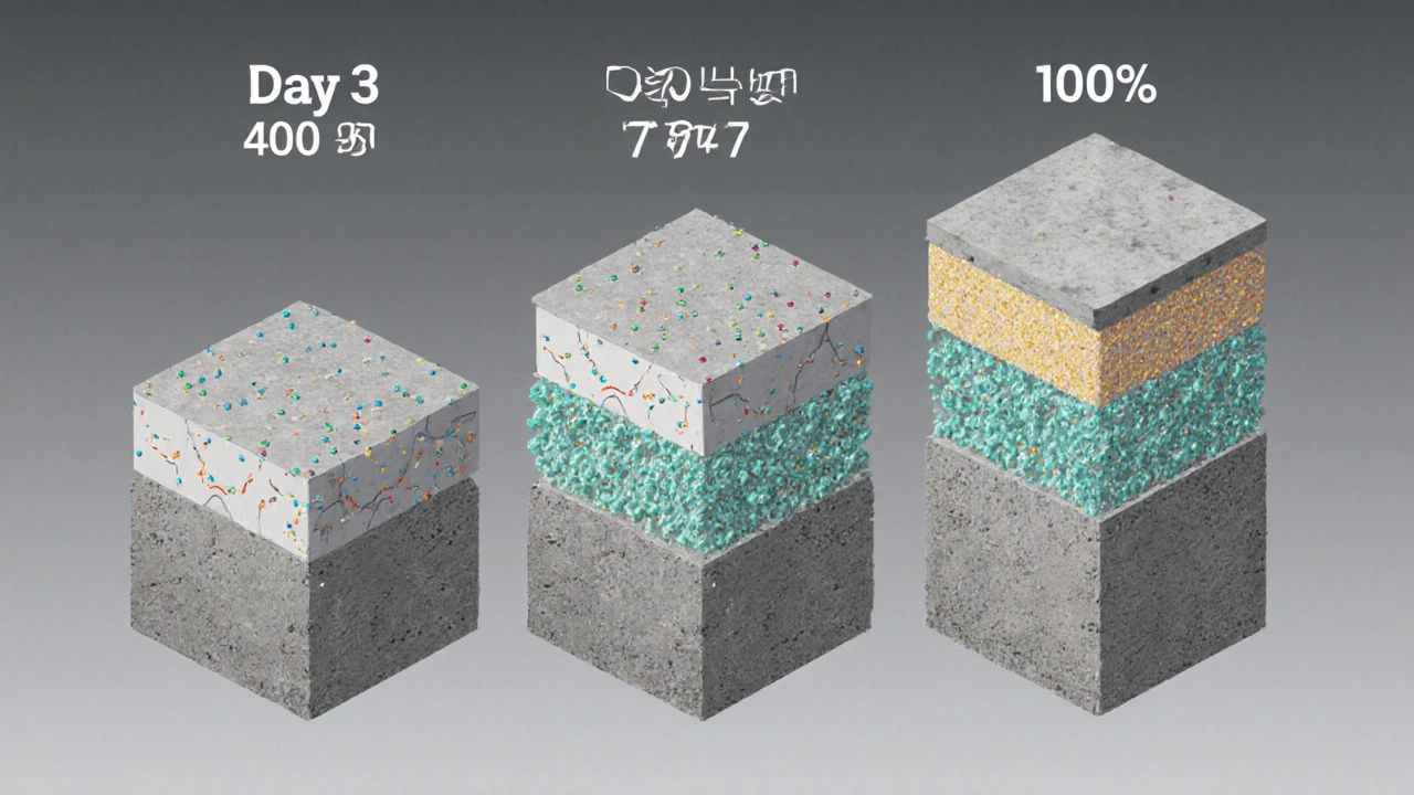 Разрез бетона, показывающий процесс гидратации через 3, 7 и 28 дней с ростом кристаллической структуры.