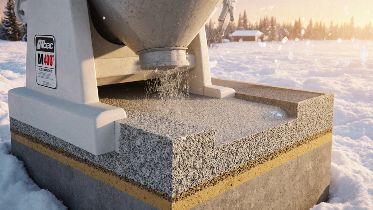 Разрез фундамента из свежего цемента М400 с правильной пропорцией компонентов.