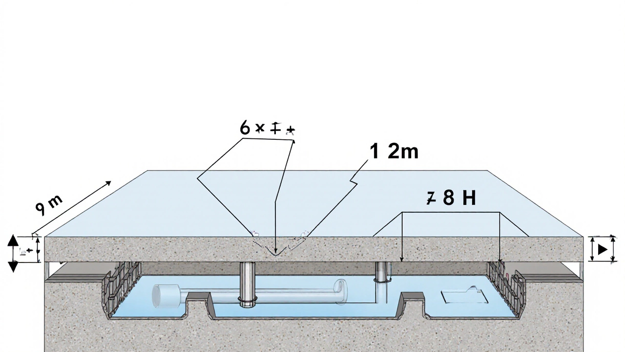 Разрез плитного фундамента с размерами и вычитаемыми трубами.