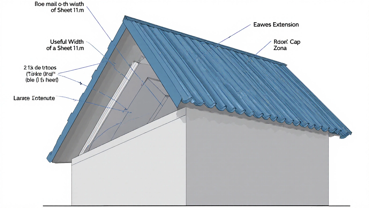 Схема устройства металлической черепицы с указанием полезной ширины и нахлеста.