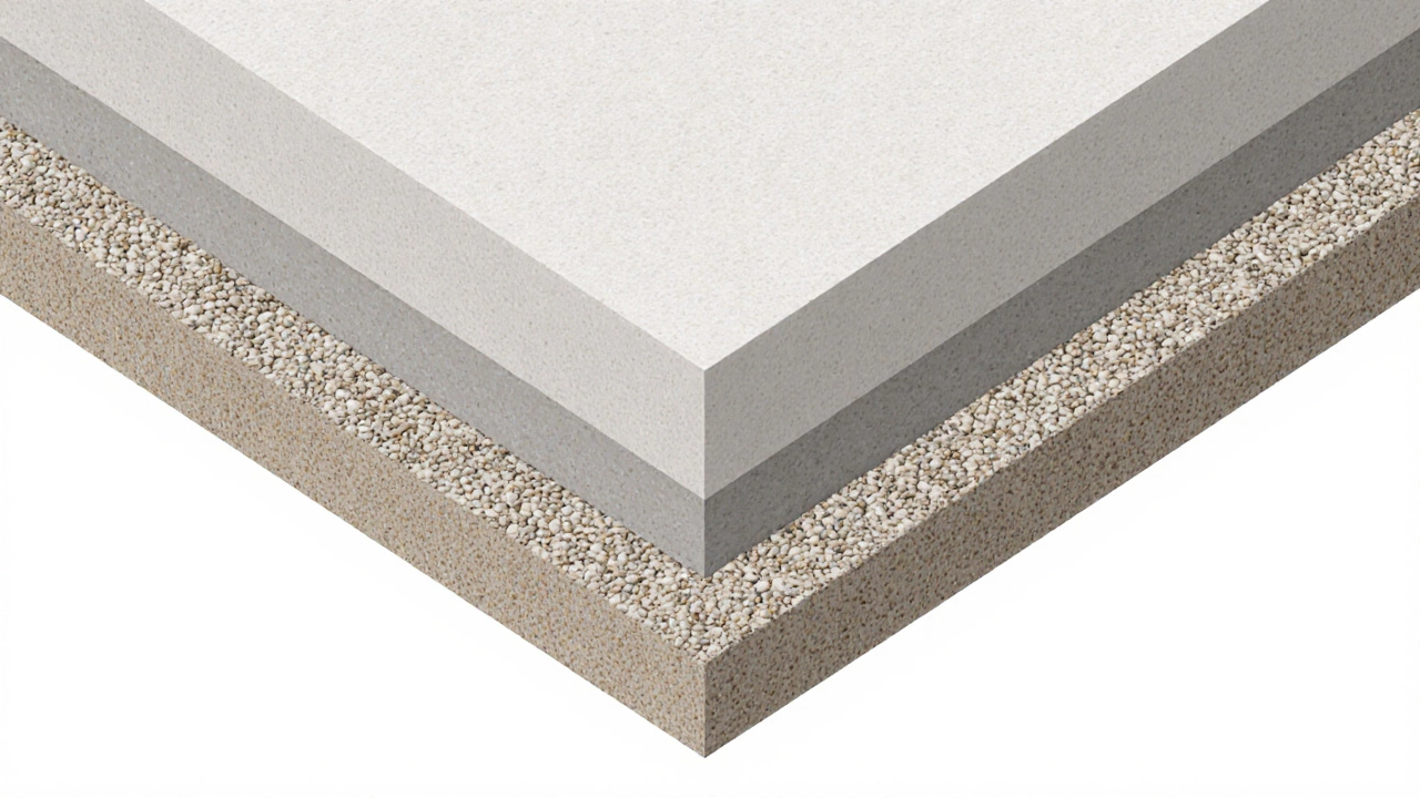 Схематический разрез фундамента: щебень, армированный бетон и цоколь, с утеплением по краям.