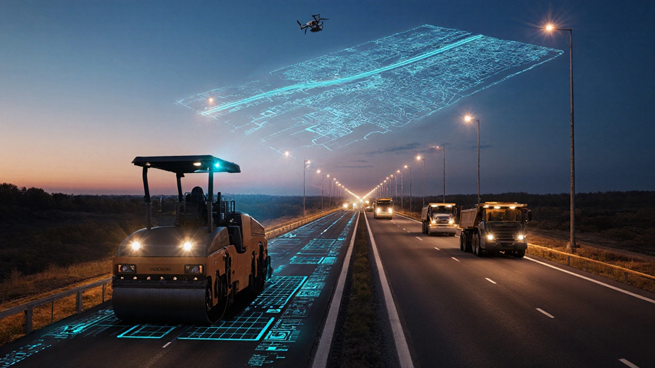 Современная дорога с GPS-управляемой техникой и гибридными катками на закате.