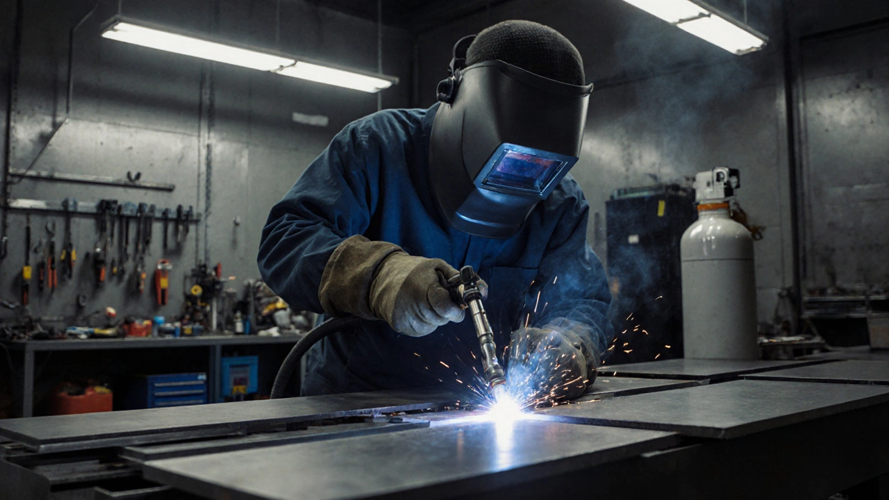 Современная сварка MIG/MAG в автосервисе: техник ведет горелку над тонким листом металла.
