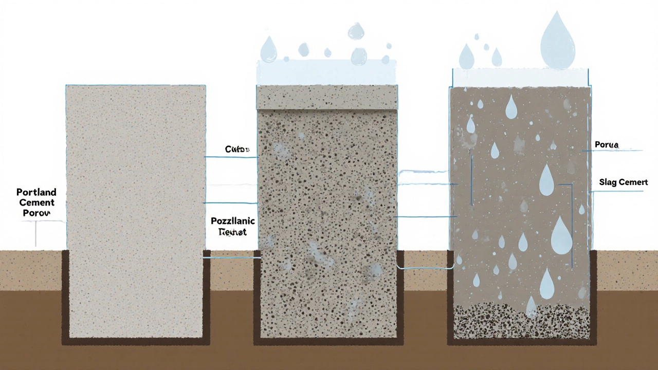 Сравнение структуры цементов: портландцемент, пуццолановый и шлакопортландцемент в разных условиях.