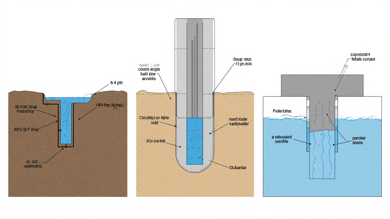 Сравнение трёх типов фундаментов на разных грунтах с уровнями грунтовых вод