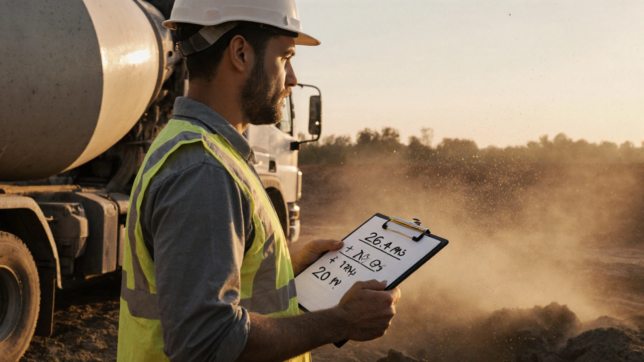 Строитель с расчетами у бетономешалки, рядом незаполненный фундамент.