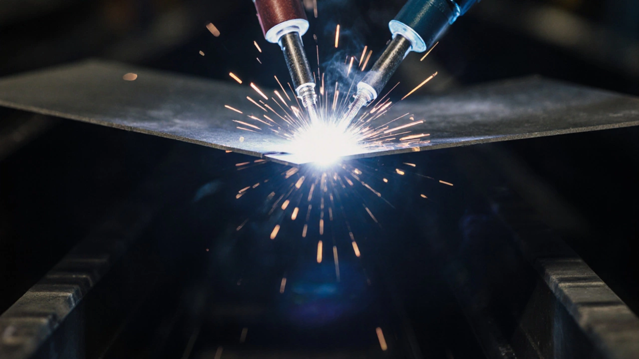Точечная сварка в автопроизводстве: два листа стали соединены яркой точкой сварки.