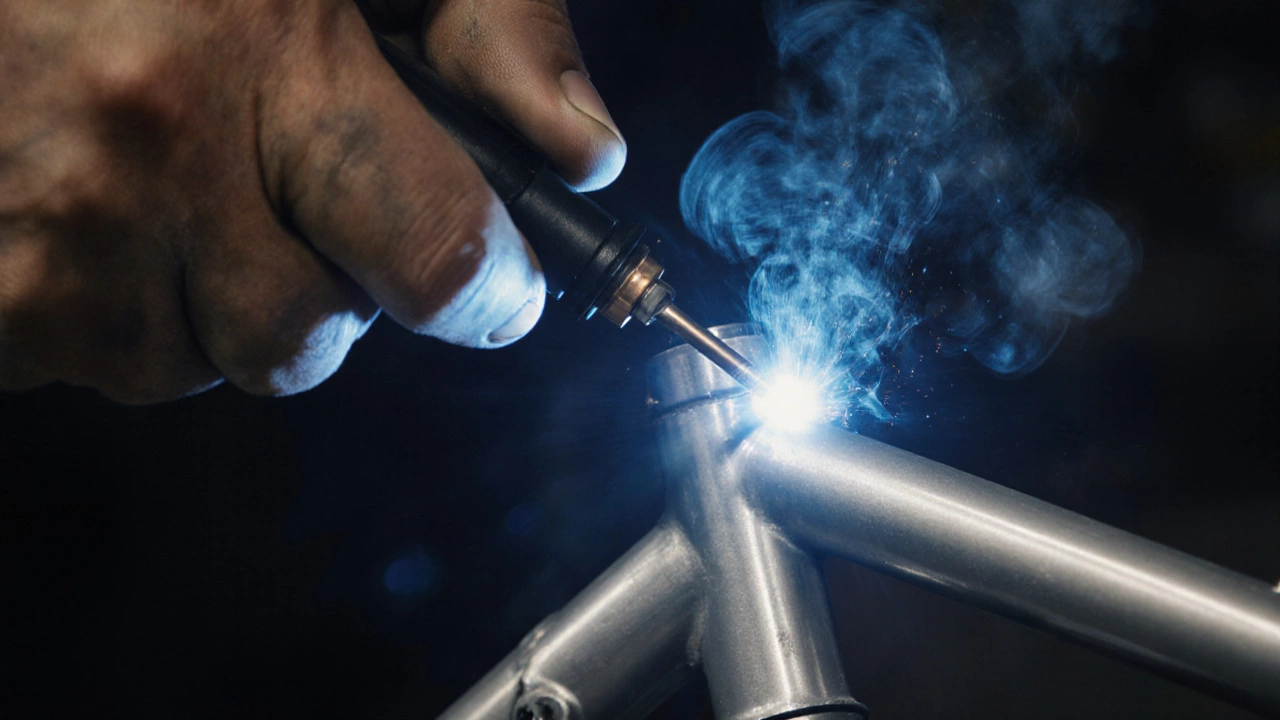 Точная TIG-сварка алюминиевой рамы, без брызг и дефектов, под защитой аргона.