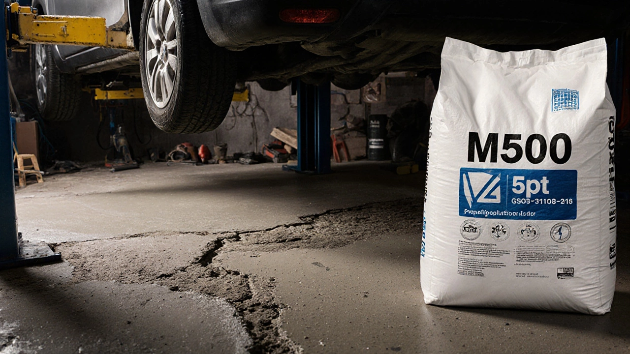 Трещиноватый пол в гараже рядом с новой стяжкой из М500, подсвеченный рабочим освещением.