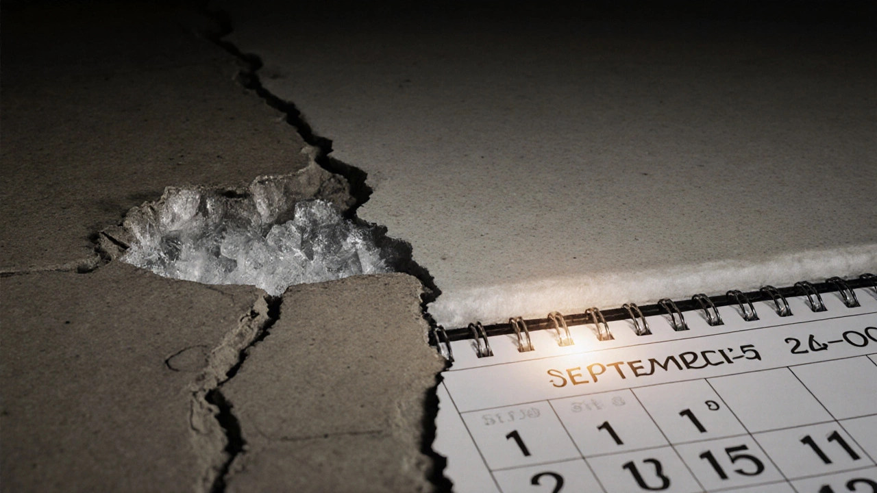 Трещины в бетоне от замерзания рядом с идеально выдержанной конструкцией, на фоне календаря с датами.