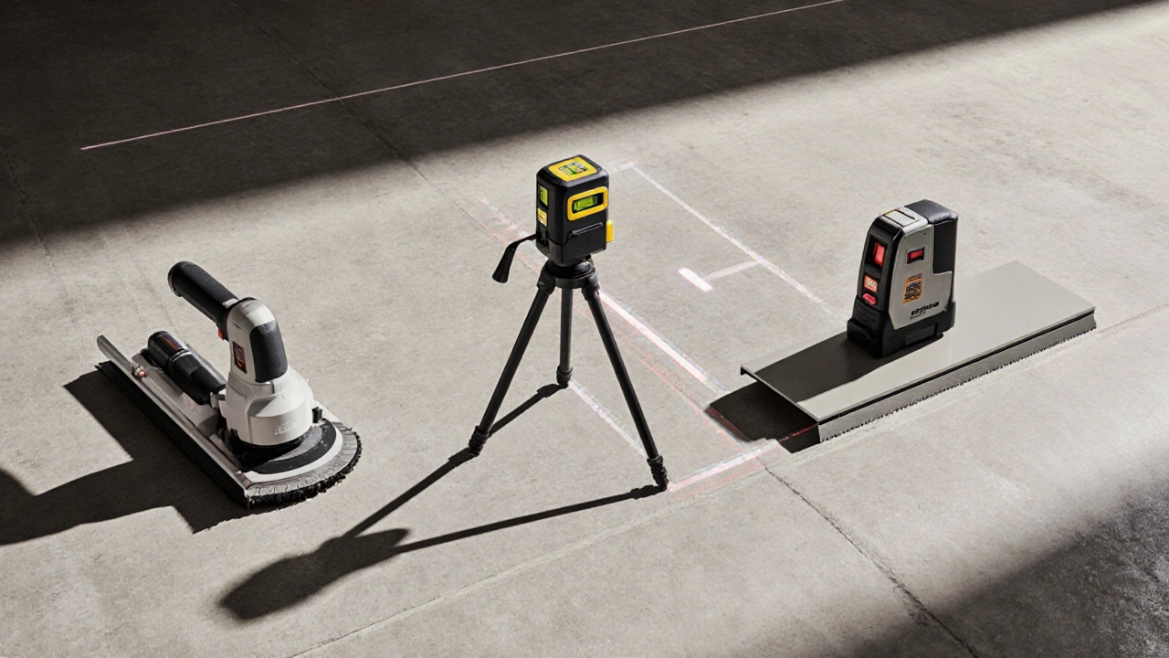 Три инструмента для финишной обработки бетона: виброрейка, гладилка и лазерный уровень.