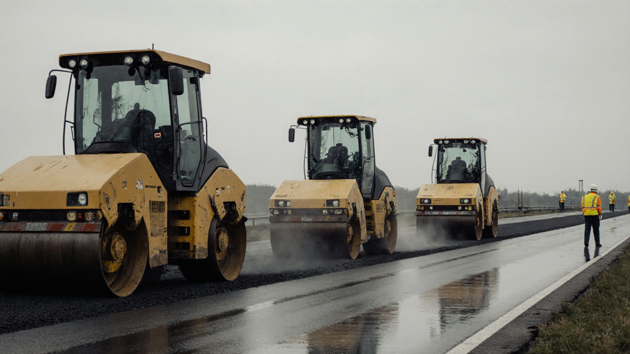 Три катка последовательно уплотняют свежий асфальт на широкой дороге под пасмурным небом.