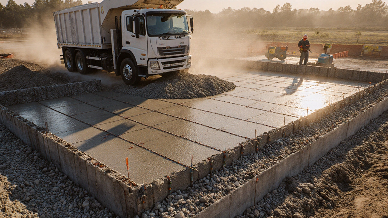 Заливка бетона в армированную опалубку по периметру фундамента, бетоновоз и рабочие с вибраторами.