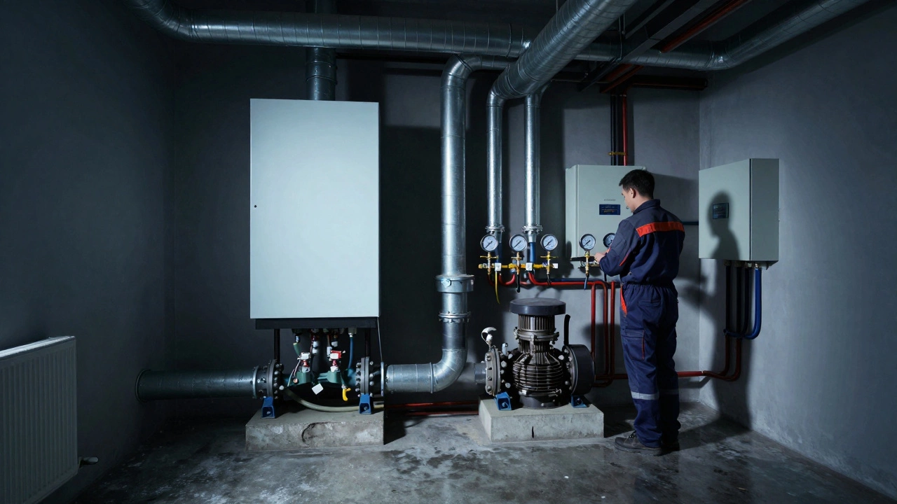 Инженерные системы дома: котёл, трубы, электрощит и вентиляция в подвале.