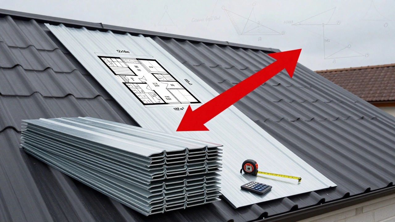 Куча кровельных листов рядом с домом, визуальное сравнение площади пола и наклонной крыши с формулами.