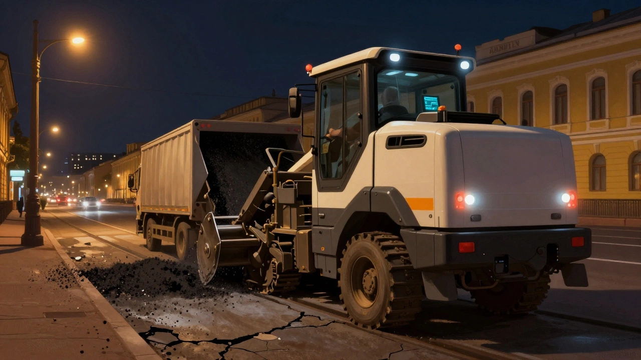 Ночной ремонт дороги в Санкт-Петербурге: асфалькосниматель работает под фонарями, видны цифровые индикаторы.