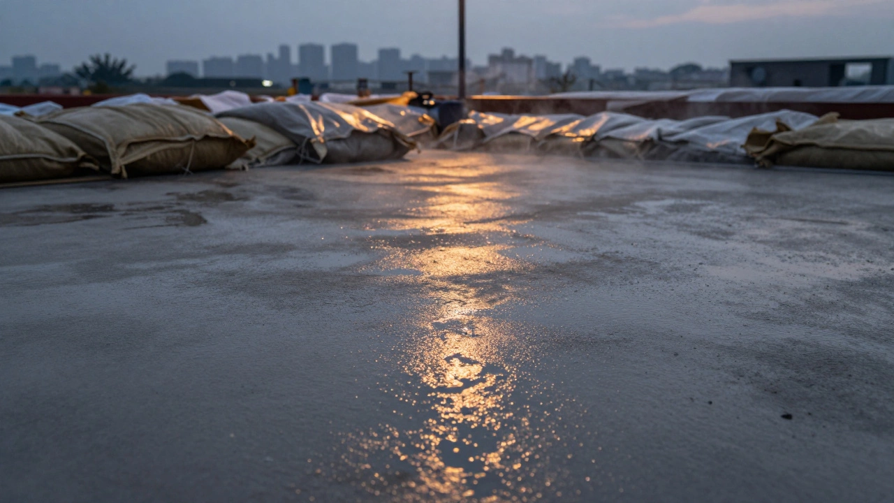 Новая бетонная площадка накрытая мокрыми мешками и пленкой, вечерний свет, нет следов.