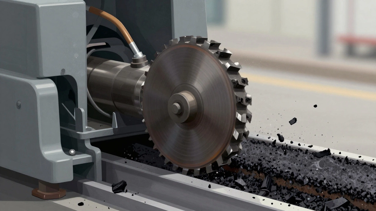 Разрез асфалькоснимателя: вращающийся барабан с резцами срезает асфальт, крошка поднимается на ленте.