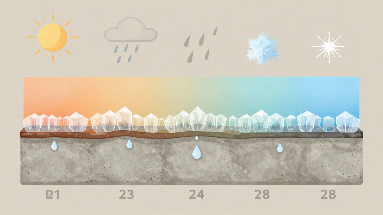 Разрез бетона с показом роста кристаллов гидратации от дня 1 до дня 28.