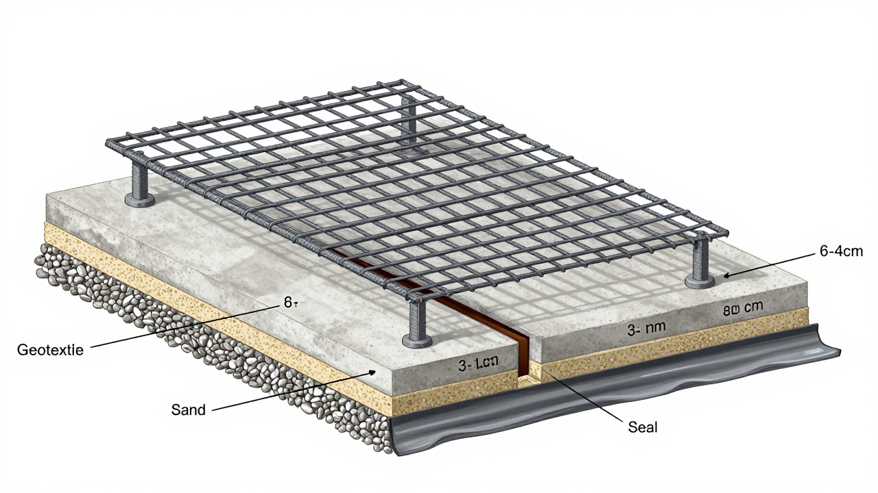 Разрез бетонной плиты с арматурной сеткой и компенсационными швами, все слои четко обозначены.