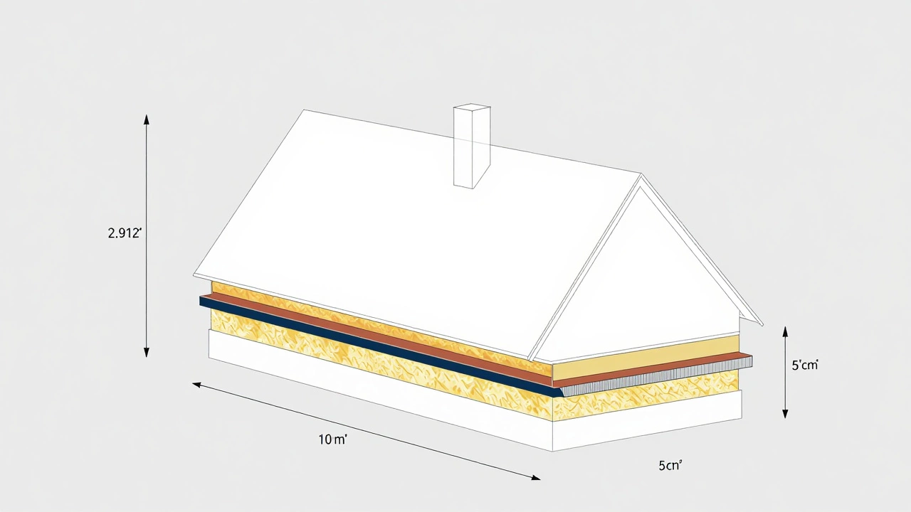 Разрез дома с указанием высоты конька 2,92 м и слоев кровельной конструкции.