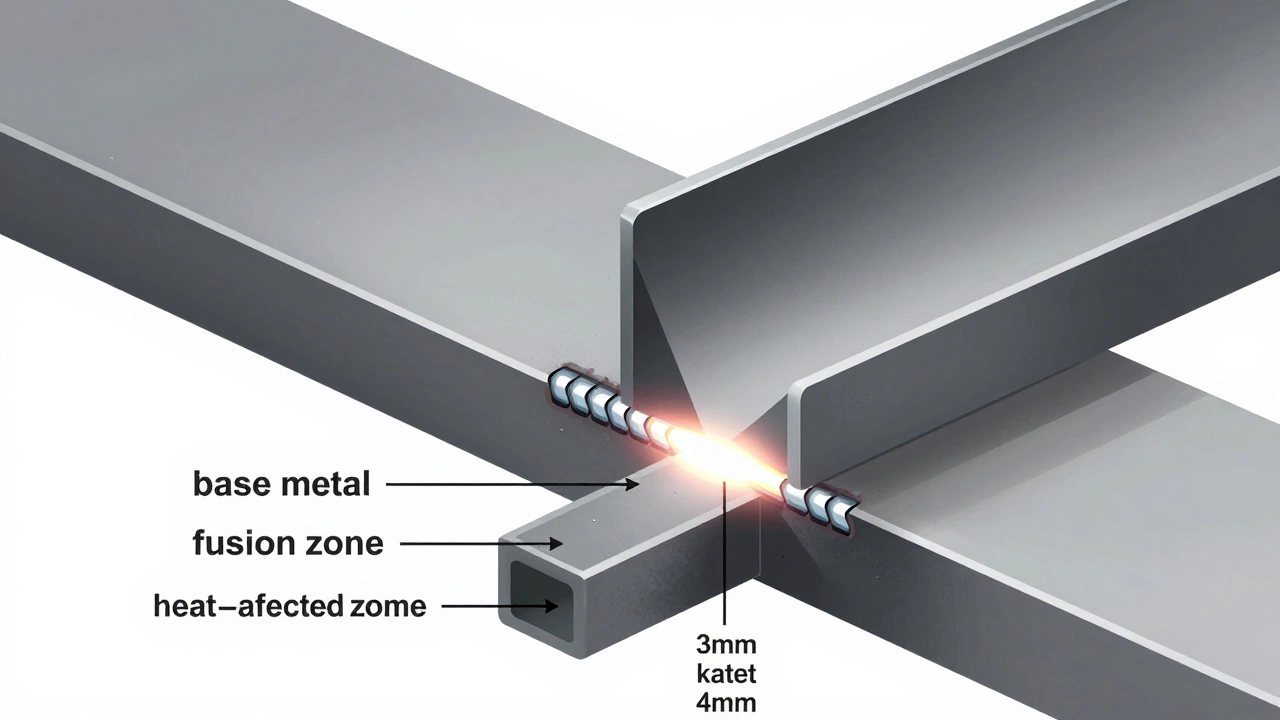 Разрез сварного соединения с идеальным катетом шва между двумя пластинами.