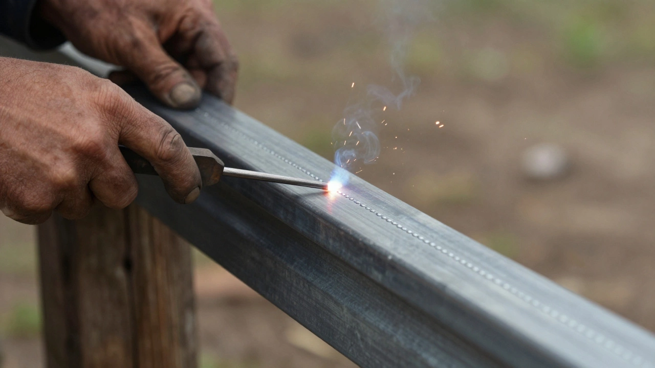 Руки сварщика создают ровный шов на раме забора с искрами в воздухе.