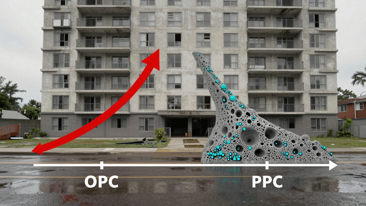 Схема твердения цемента: OPC быстро набирает прочность, PPC медленно уплотняется с частицами золы.