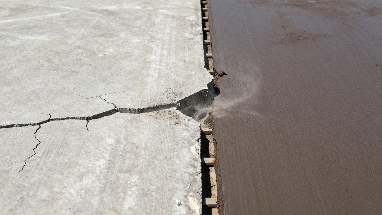 Сравнение треснувшего сухого бетона и здорового влажного бетона под солнцем.