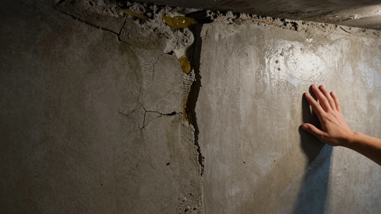 Стена подвала в Петербурге: левая часть с трещинами от OPC, правая — целая, с PPC и следами влаги.