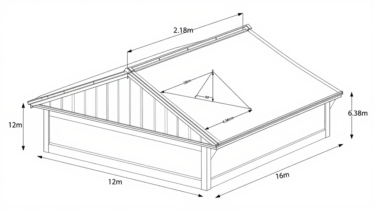 Технический чертёж поперечного сечения односкатной крыши с обозначенными геометрическими параметрами и теоремой Пифагора.