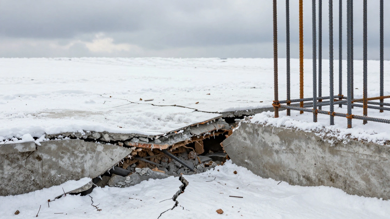 Трещина в фундаменте с обнаженной ржавой арматурой 10 мм на фоне надежно армированного основания.
